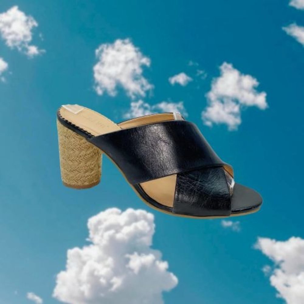 CREVO Presley Black Leather Round Jute Heel Slide Sandals 9 - Picture 11 of 11